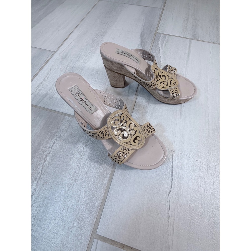 Brighton Amie Beige Laser Cut Scroll Platform Wedge Slide Sandals Womens 8M